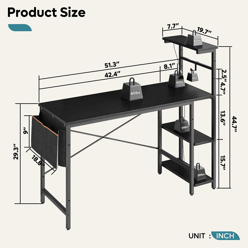 Bestier 52 Inch Gaming Computer Desk with LED Lights & Shelves Black