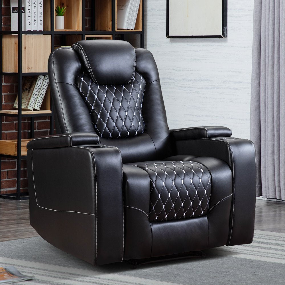 Bonzy Home Overstuffed Electric Home Theater Seating PU Leather Reclining Furniture with with USB Ports and Cup Holders and Hidden Arm Storage - Black