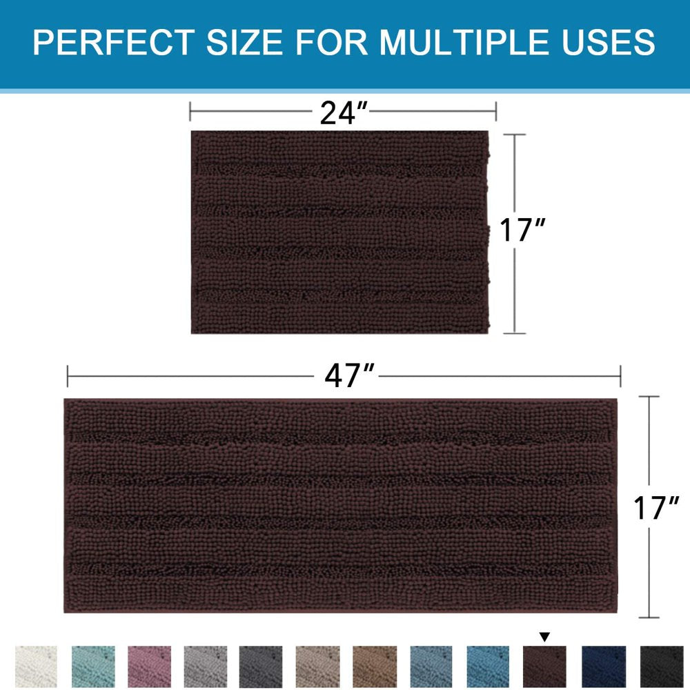 H.VERSAILTEX Striped Chenille Bath Rugs Super Absorbent Non Skid Floor Mats Set of 2, Chocolate, 47 X 17 plus 17 X 24 Inches