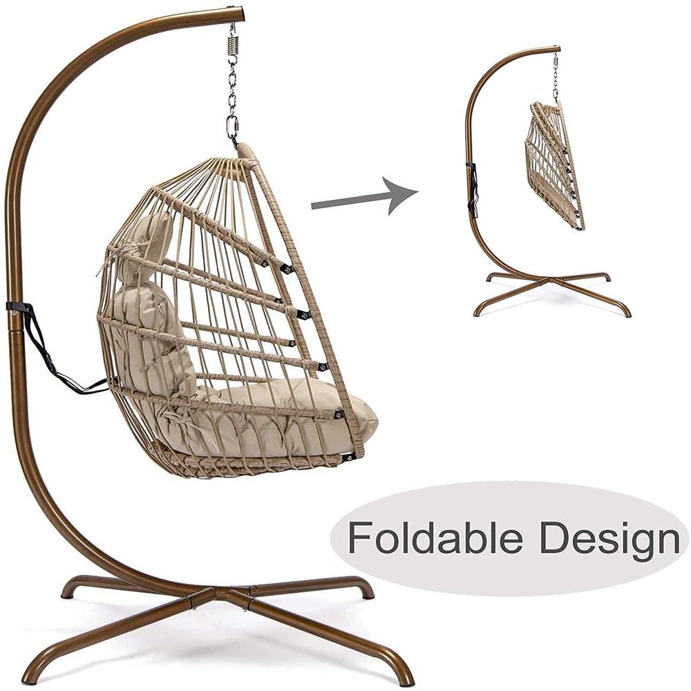 Nicesoul Rattan Swing Egg Chair Hanging Chair with Stand Beige 350 Lbs Capacity Metal Frame