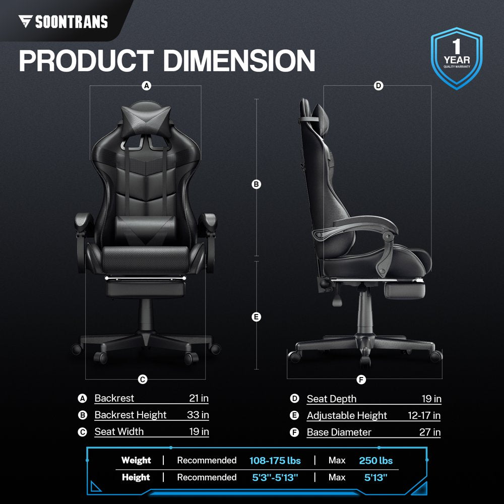 Soontrans Massage Gaming Chair with Footrest, Ergonomic Leather Office Chair with Lumbar Support & Headrest, Black