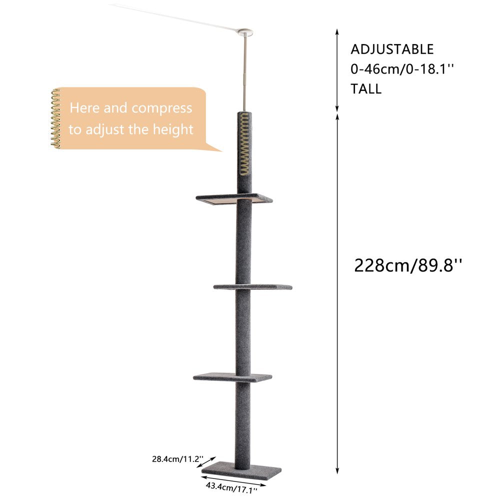 PAWZ Road Cat Tree Floor to Ceiling 105"-In 4 Tier Cat Tree Tower Cat Climbing Posts, Gray