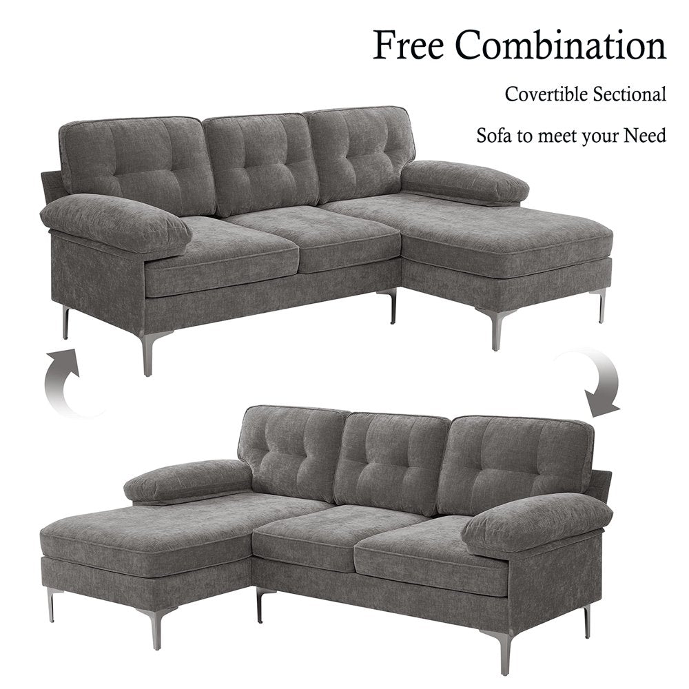 INGALIK Convertible Sectional Sofa Couch, Convertible L Shaped Couch with Reversible Chaise, Sectional Couch for Small Space Apartment, 3 Seater, Grey