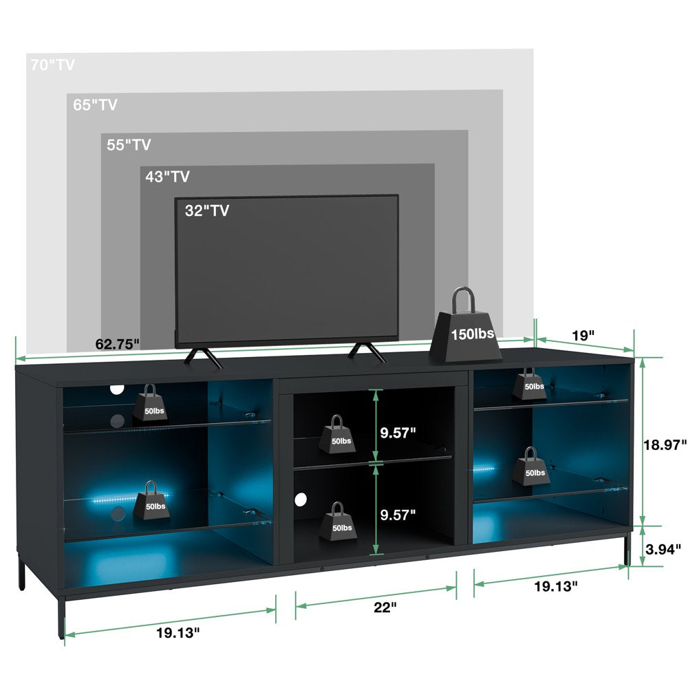 Hommpa LED TV Stand for 70" TV Modern Entertainment Center with LED Lights Media Console Cabinet with Open Glass Storage Shelves for Gaming Living Room