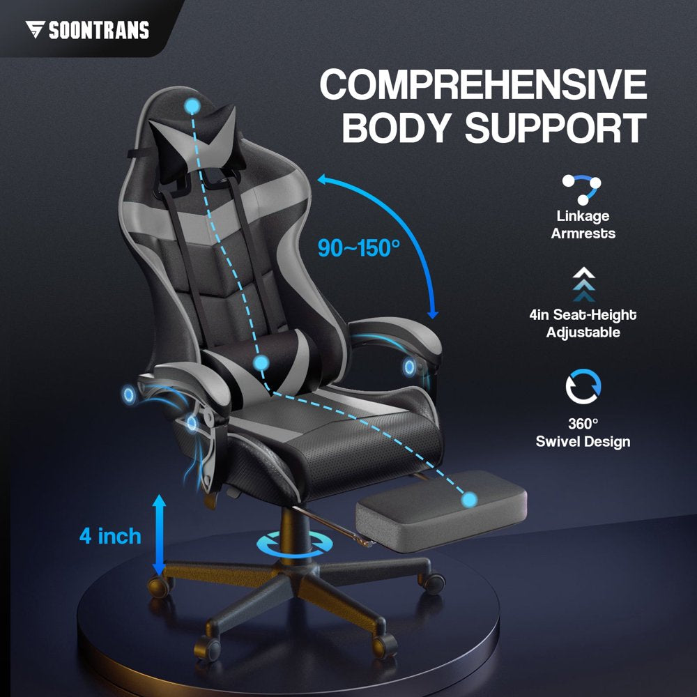 Soontrans Gaming Chair with Footrest and Ergonomic Massage Lumbar Pillow PU Leather Office Chair, Gray