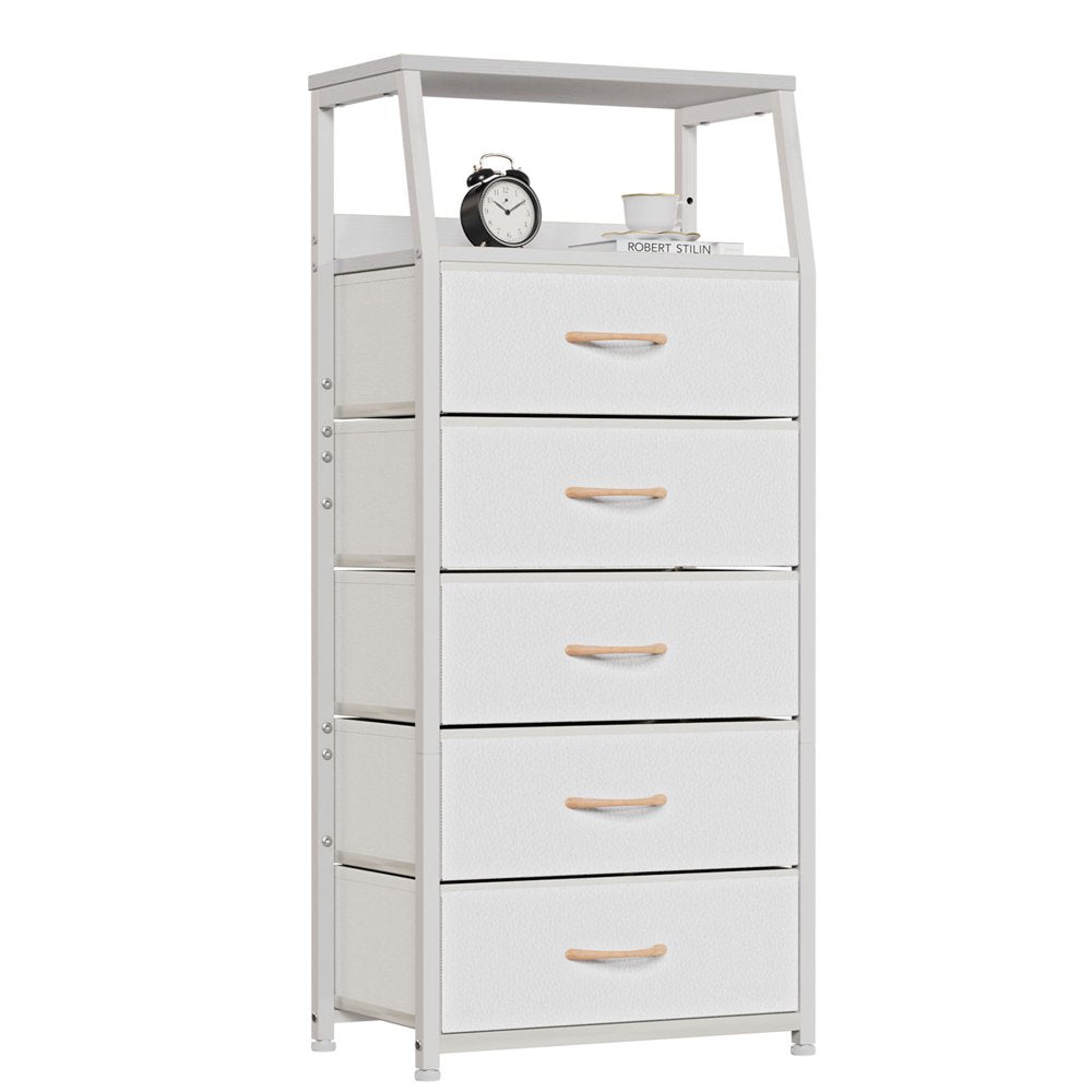 Furnulem Classic Dresser for Bedroom with 5 Drawers, Tall Fabirc Dresser Chest of Drawers for Closet, Living Room, Nursery, Kids Bedroom, White