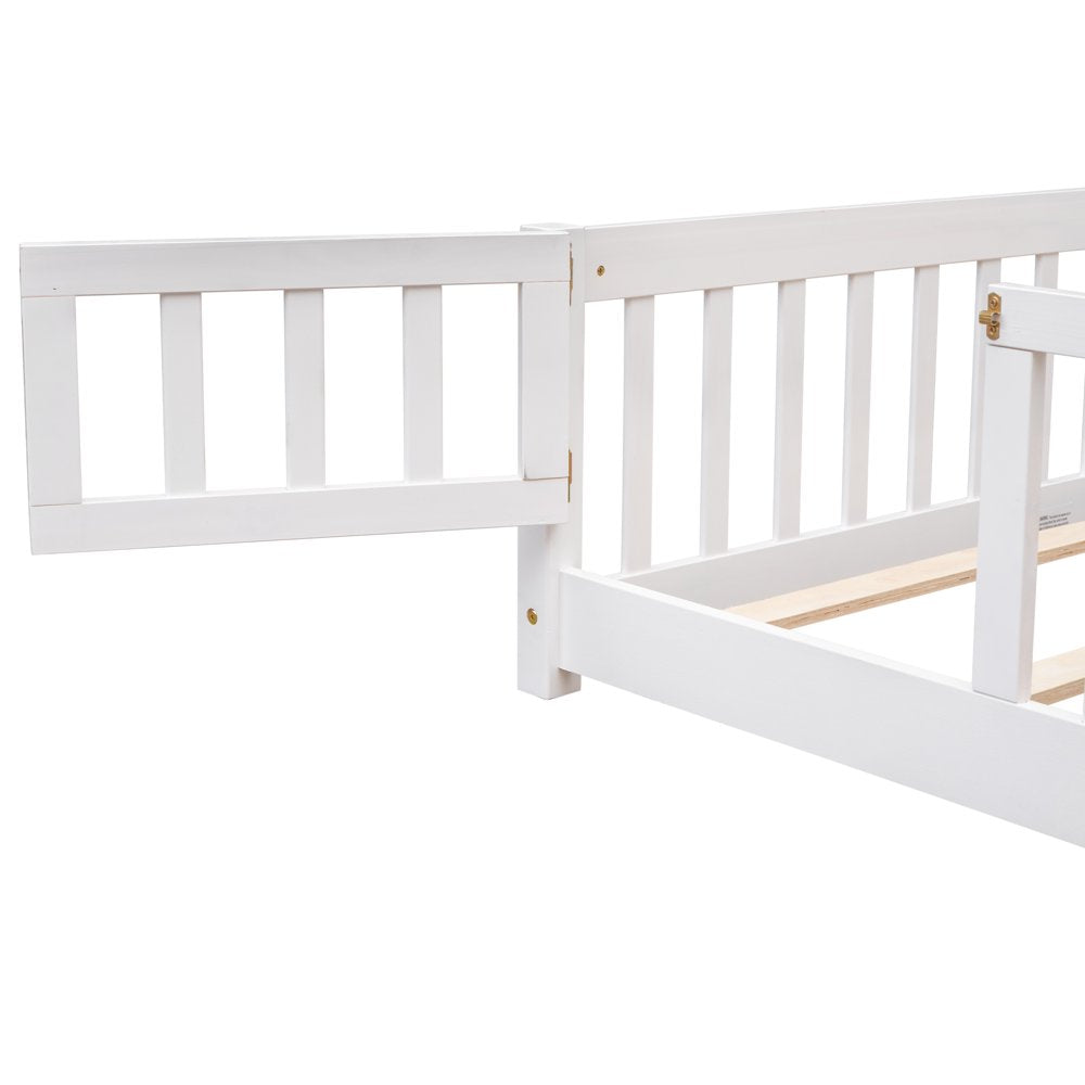 Uhomepro Full Size Wood Floor Bed Frame with Fence and Door for Kids, Toddlers, White