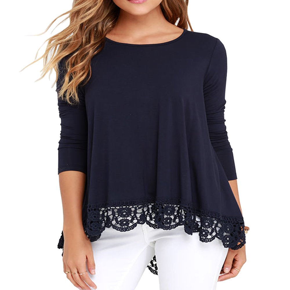 JWD Women'S Tops Long Sleeve Lace Trim O-Neck a Line Tunic Blouse Navy Blue-Small