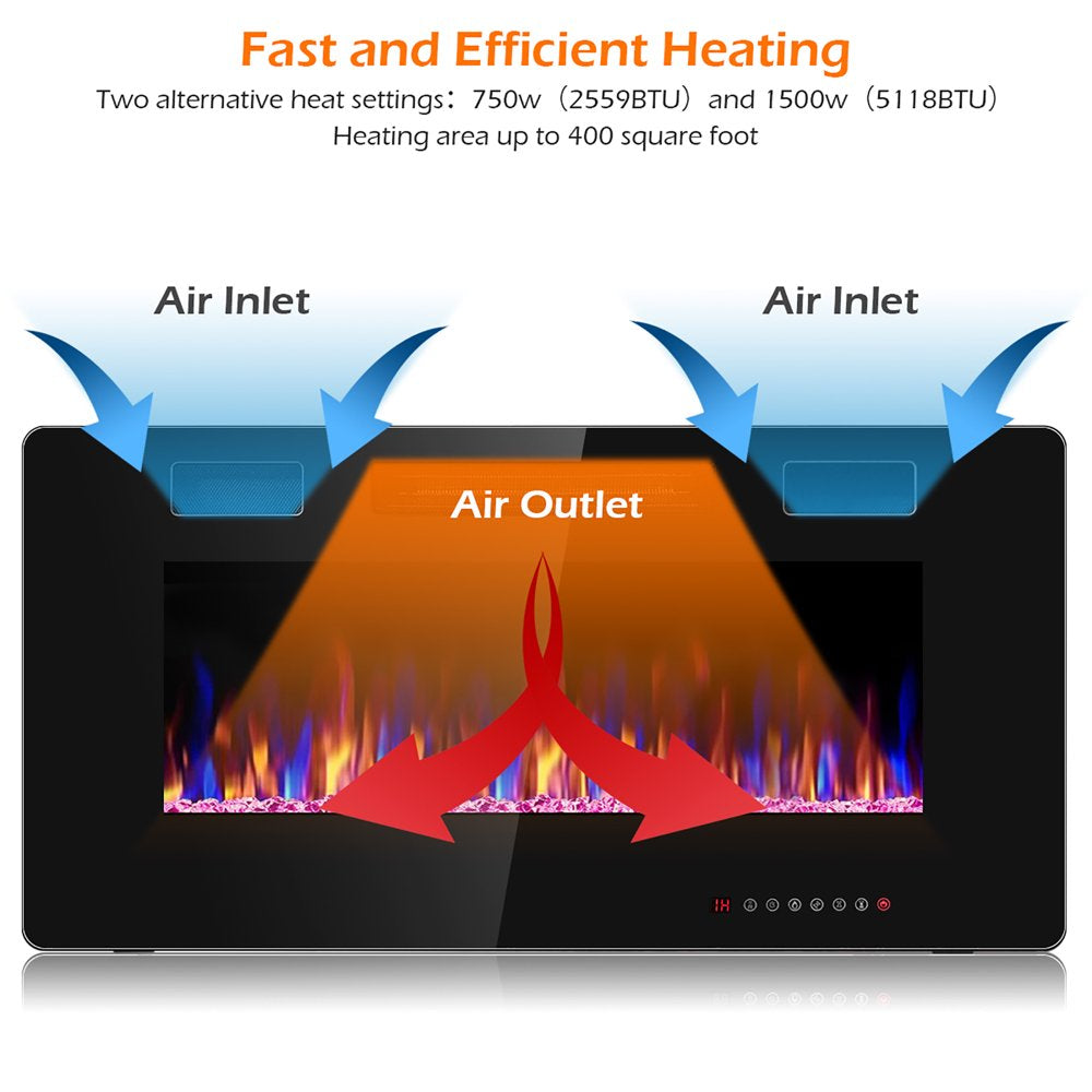 Costway 36'' Electric Fireplace Recessed Ultra Thin Wall-Mounted Heater W/Multicolor Flame