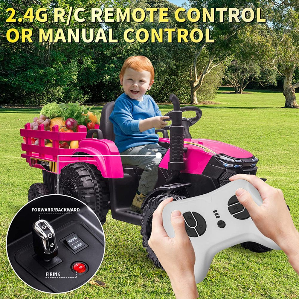 Joyracer 24 Volt Ride on Toys with Remote Control, 400W Motor, 9AH Battery Powered Ride on Tractor, 6-Wheel Big Car with Trailer, 3 Speeds,Led Lights, MP3/USB Music for Big Kids, Pink