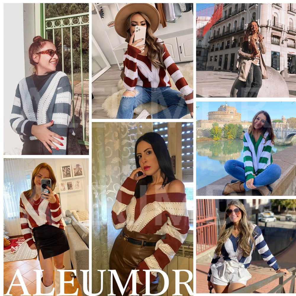 Aleumdr Sweater for Women Color Block Brown Striped V Neck Long Sleeve Knit Pullover Jumper Tops 12 14