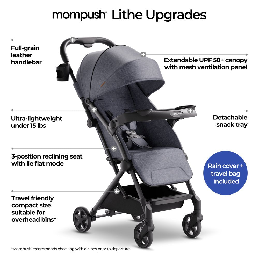 Mompush Lithe V2 Lightweight Stroller with Snack Tray, Newborn Nest Mode, Grey, 17.3LB, Unisex