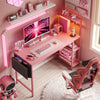 Bestier 52 Inch Gaming Computer Desk with LED Lights & Shelves Pink