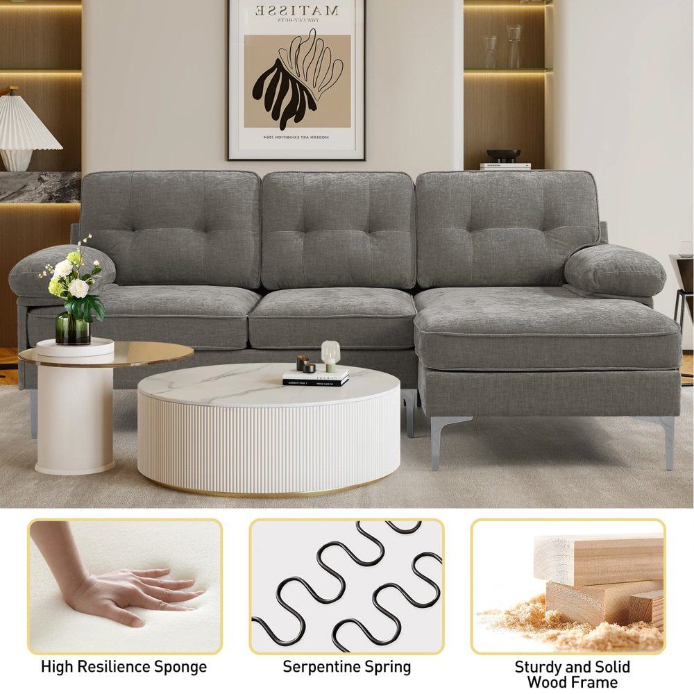 INGALIK Convertible Sectional Sofa Couch, Convertible L Shaped Couch with Reversible Chaise, Sectional Couch for Small Space Apartment, 3 Seater, Grey