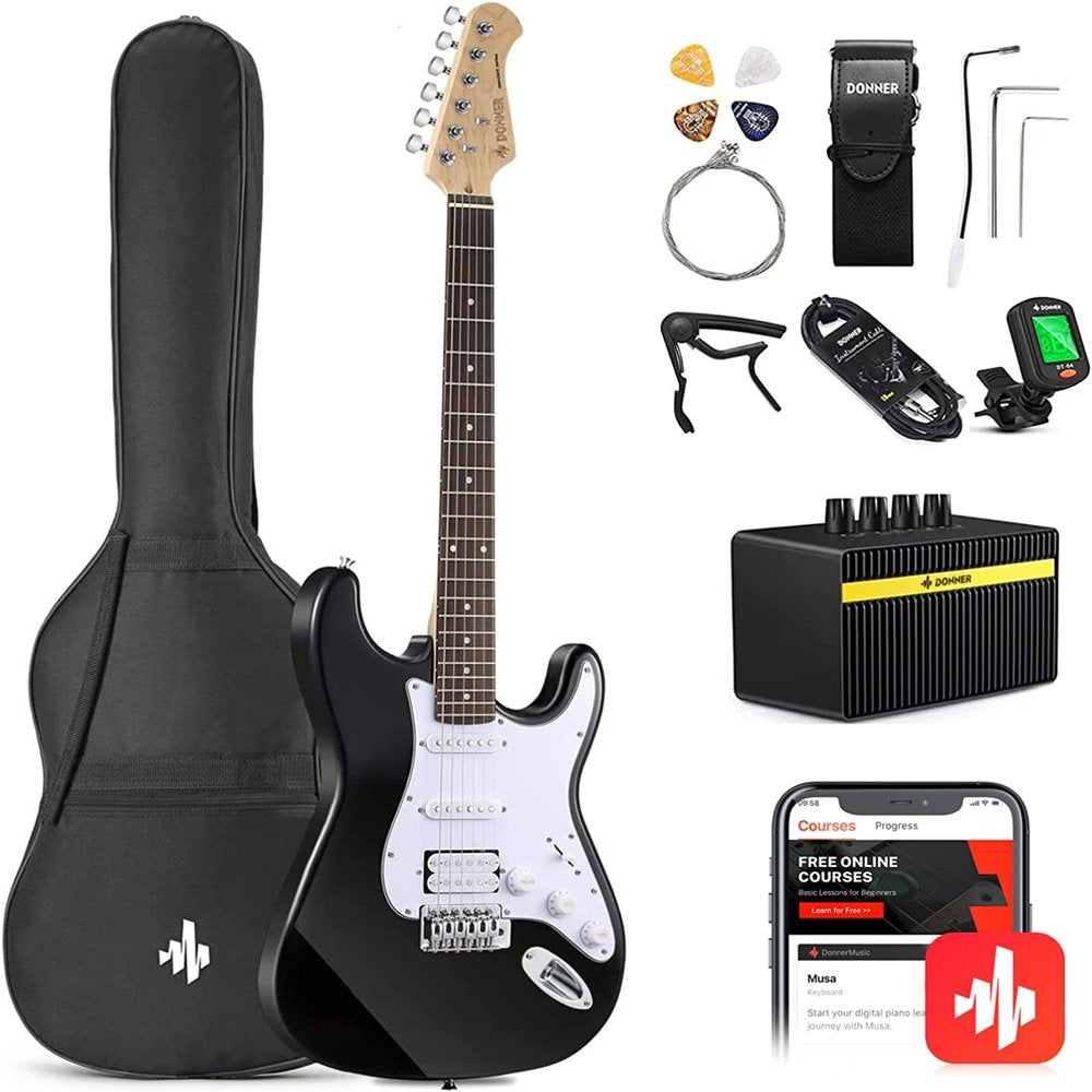 Donner DST-100B 39" Electric Guitar Beginner Kit Solid Body Full Size HSS for Starter, with Amplifier, Bag, Digital Tuner, Capo, Strap, String, Cable, Picks, Black