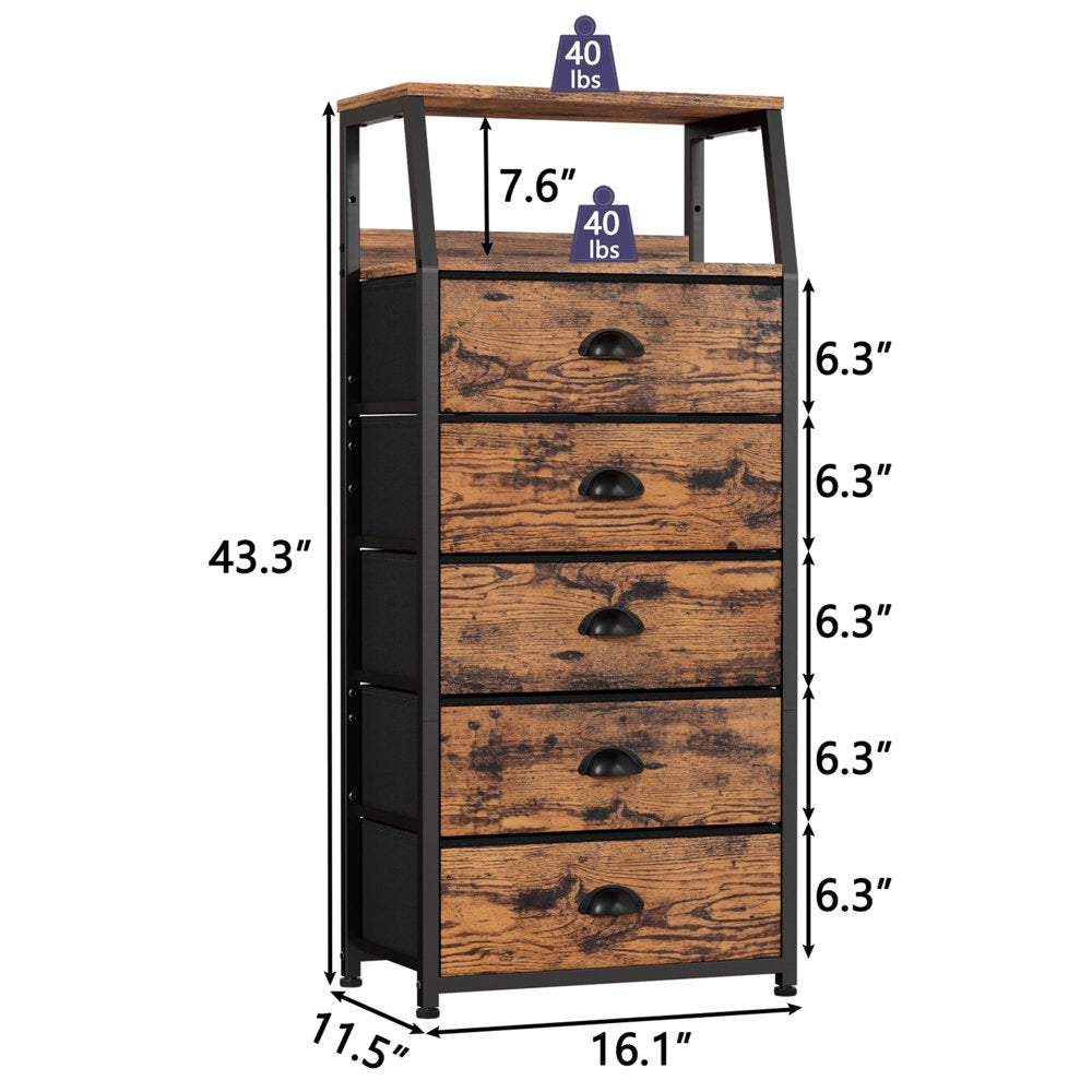 Furnulem Vertical Storage Dressers with 5 Fabric Drawers for Bedroom, Living Room, Wooden Side Table Nightstand with Shelves for Adult, Rustic Brown