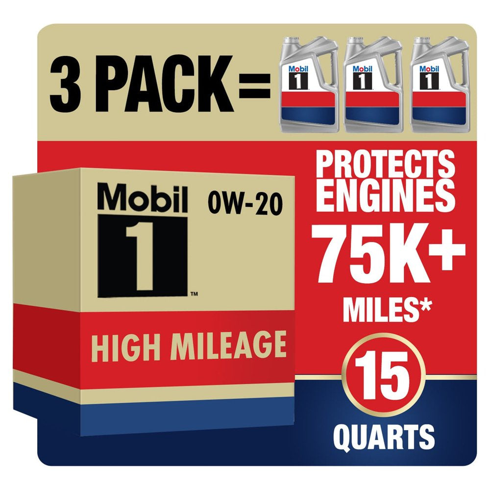 Mobil 1 High Mileage Full Synthetic Motor Oil 0W-20, 5 Qt (3 Pack)