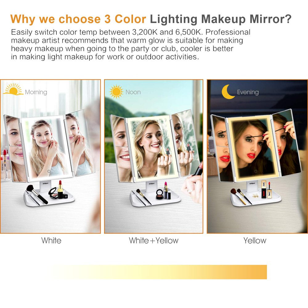 Airexpect 3 Color Lighted 1X 2X 3X Magnification 72LED Lights Touch Control Dual Power Supply Portable Cosmetic Vanity Makeup Mirror, White