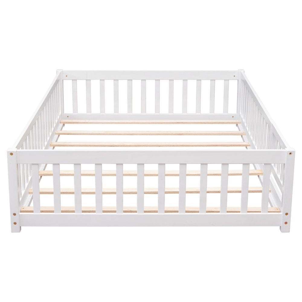 Uhomepro Full Size Wood Floor Bed Frame with Fence and Door for Kids, Toddlers, White