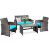 Costway 4PCS Patio Rattan Furniture Set Conversation Glass Table Top Cushioned Sofa Outdoor Turquoise