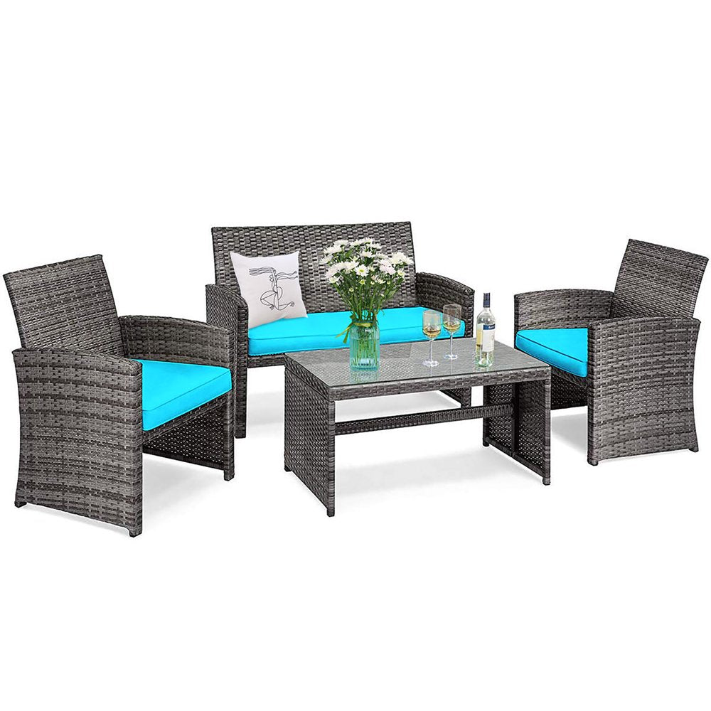 Costway 4PCS Patio Rattan Furniture Set Conversation Glass Table Top Cushioned Sofa Outdoor Turquoise