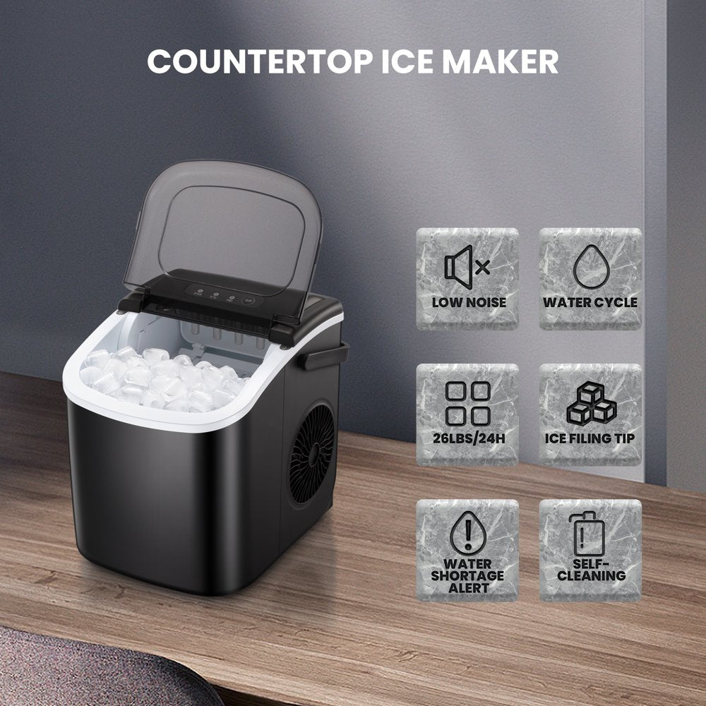 Cube Ice Machine Countertop Bullet Cubed Ice Maker 26lbs/24hrs Self-Cleaning  with Scoop Basket