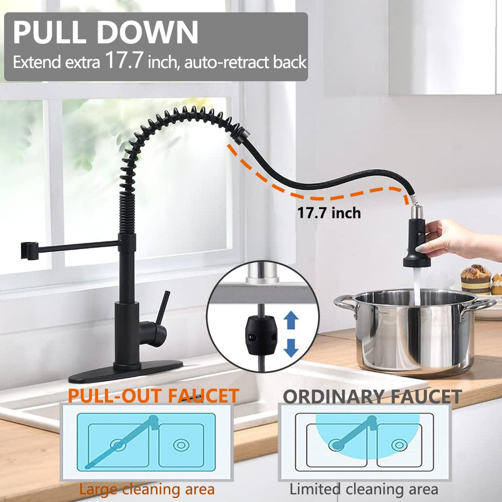 PHANCIR Kitchen Faucet with Pull down Sprayer, Commercial Spring Kitchen Sink Faucet Single Handle Pull Out Sink Faucets with Deck Plate Suit to 1 or 3 Holes Matte Black