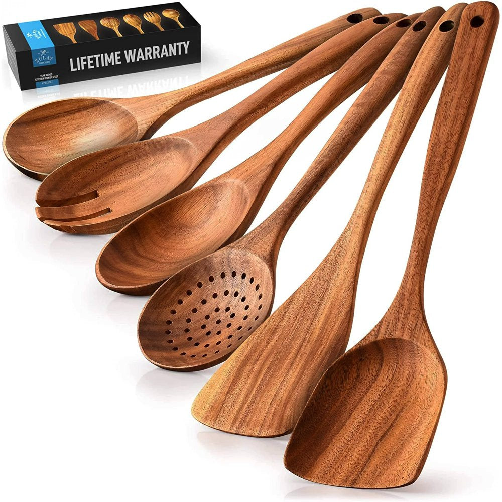 Zulay Kitchen Wooden Spoon for Cooking, Wooden Utensils for Cooking, Teak Wood Utensil Set Non Stick - 6 Piece Set