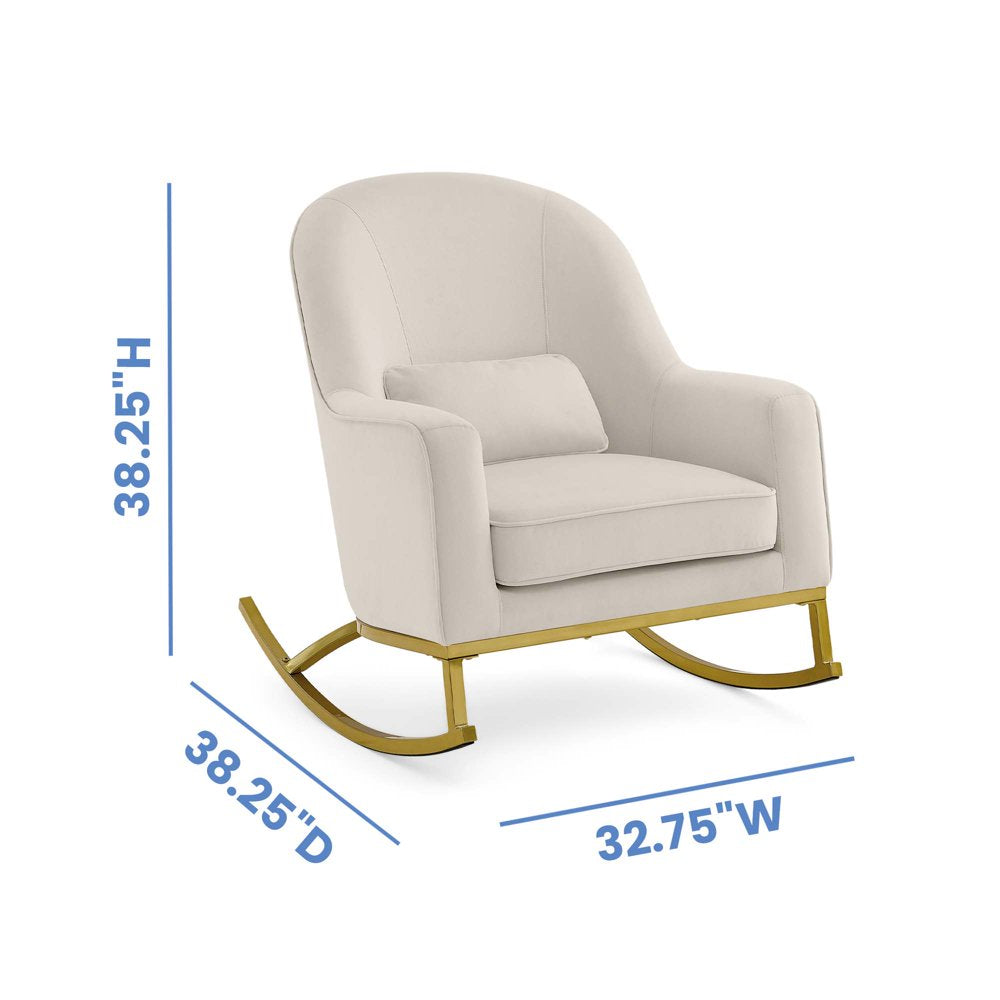 Modrn Glam Velvet Rocking Chair with Lumbar Pillow, Off-White/Satin Brass