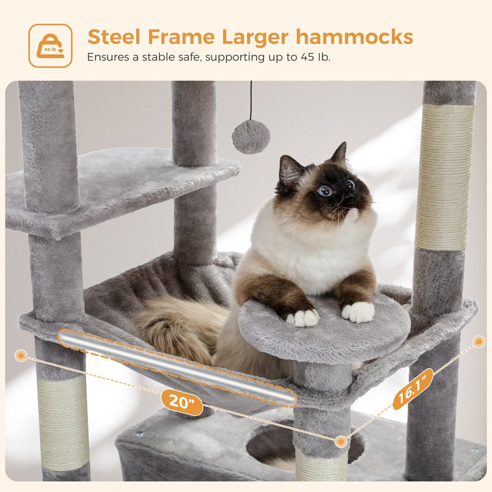 PAWZ Road 73" Cat Tree for Large Cats Multi Level Tall Cat Tower Condo with 7 Scratching Posts, Gray