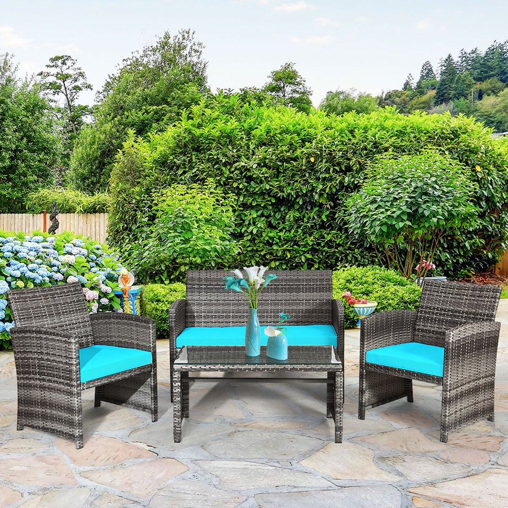 Costway 4PCS Patio Rattan Furniture Set Conversation Glass Table Top Cushioned Sofa Outdoor Turquoise