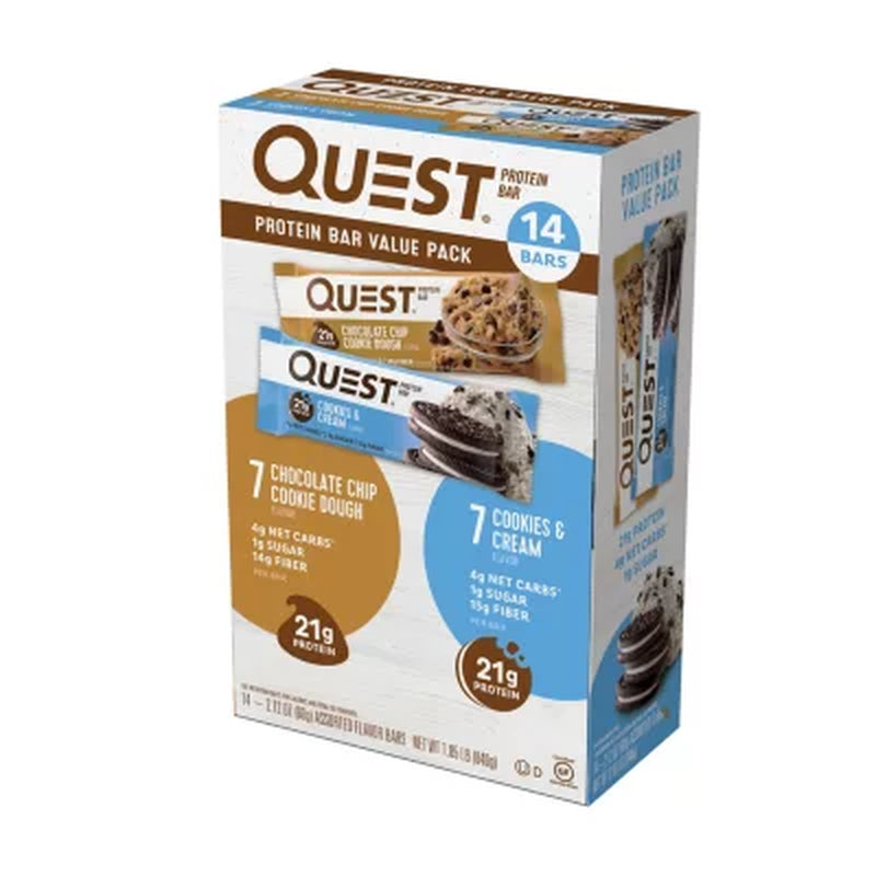 Quest Protein Bar Variety Pack, Chocolate Chip Cookie Dough and Cookies & Cream (14 Ct.)