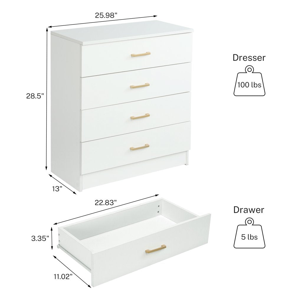 White 4-Drawer Wood Dressers for Bedroom