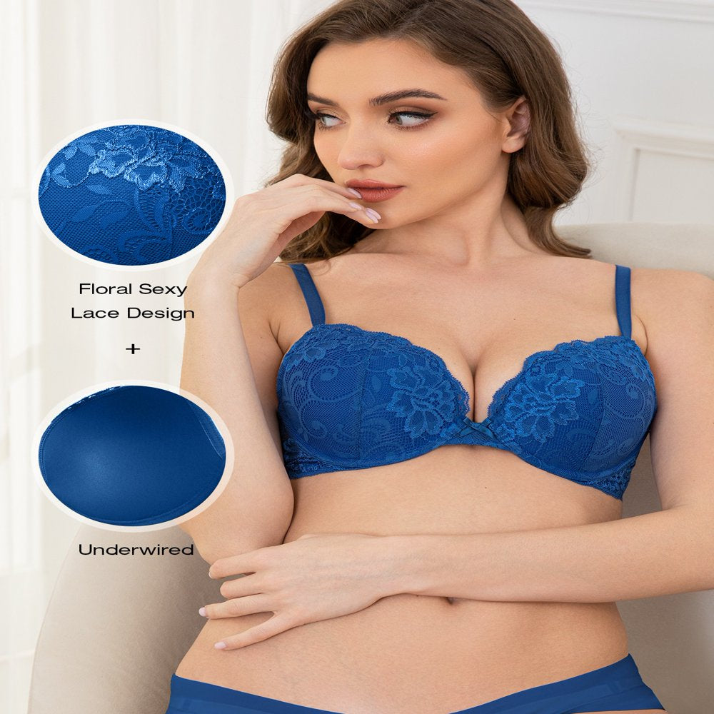 Deyllo Women'S Sexy Lace Push up Padded Plunge Add Cups Underwire Lift up Bra, Royal Blue 34B