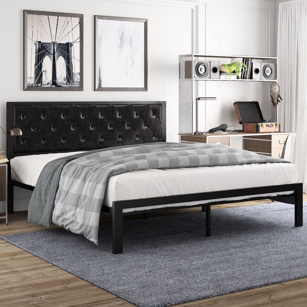 Amolife King Size Metal Bed Frame with Faux Leather Upholstered Headboard, Black