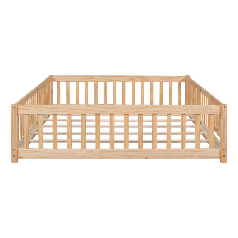 Uhomepro Queen Size Wood Floor Bed Frame with Fence and Door for Kids, Toddlers, Natural