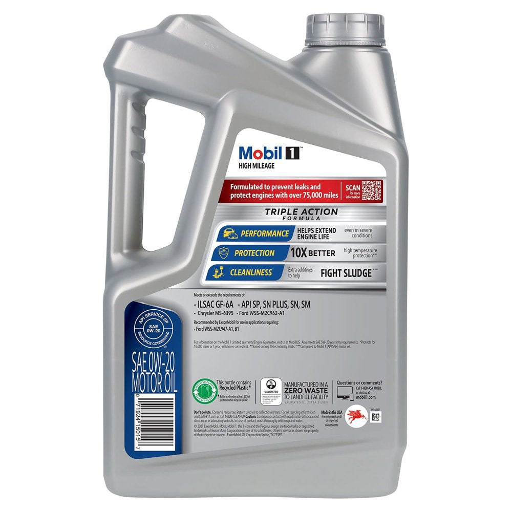 Mobil 1 High Mileage Full Synthetic Motor Oil 0W-20, 5 Qt (3 Pack)