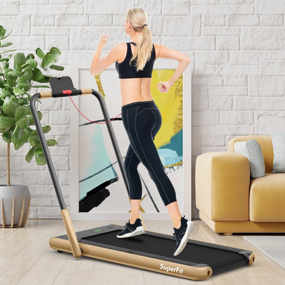 Superfit 2.25HP 2-In-1 Folding under Desk Treadmill W/Remote Control Speaker APP, Single Display Screen Gold