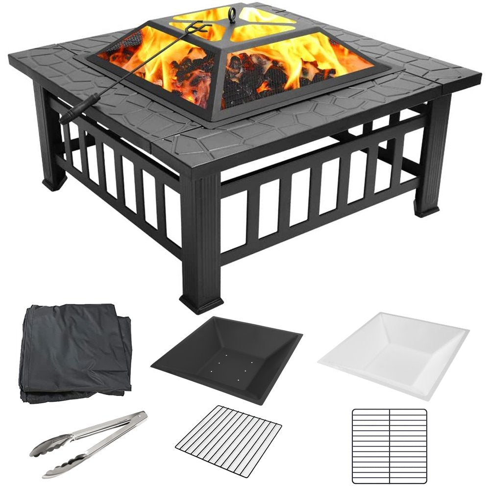 Fire Pits for Outside, 32" Wood Burning Fire Pit Tables with Screen Lid, Poker, BBQ Net, Ice Tray, Food Clip and Cover, Backyard Patio Garden Outdoor Fire Pit/Ice Pit/Bbq Fire Pit, Black