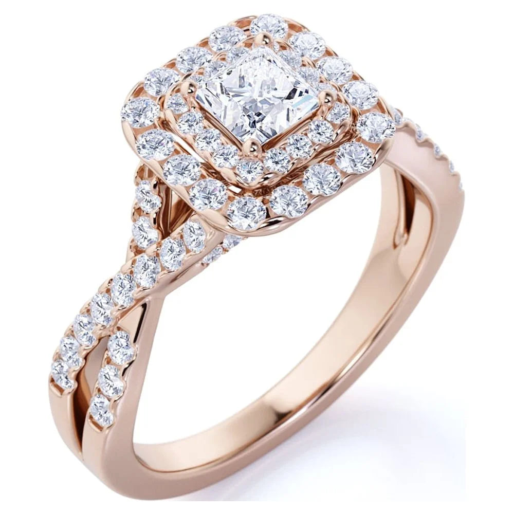 Elegant 1 Carat - Square Cut Diamond - Twisted Band - Pave - Double Halo Engagement Ring - 10K Rose Gold