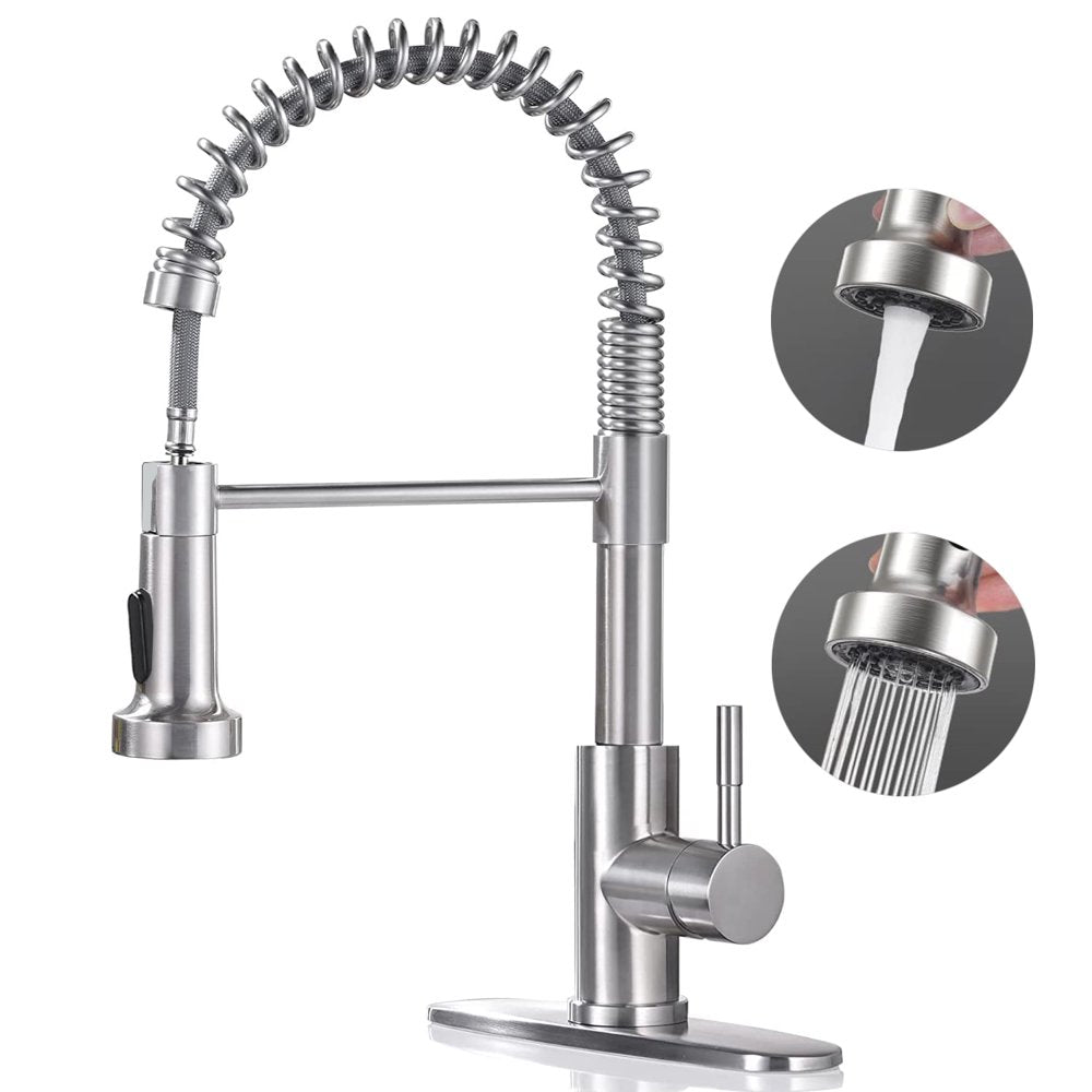 PHANCIR Kitchen Faucet with Pull down Sprayer, Brushed Nickel Commercial Spring Kitchen Sink Faucet Single Handle Pull Out Sink Faucets with Deck Plate Suit to 1 or 3 Holes