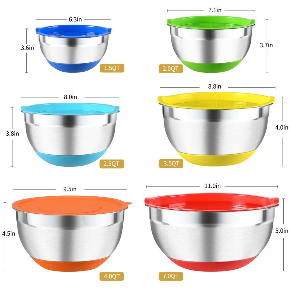 Yucook Mixing Bowls with Lids: 20 Pcs Stainless Steel Mixing Bowls Set with Rubber Bottom, 7, 4, 3.5, 2.5, 2, 1.5QT Metal Mixing Bowls for Kitchen, Multi-Color