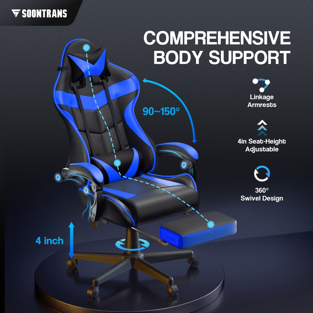 Soontrans Gaming Chair with Footrest, Ergonomic Office Chair High Back with Headrest & Massage Lumbar Support, Swivel Leather Chairs, Blue