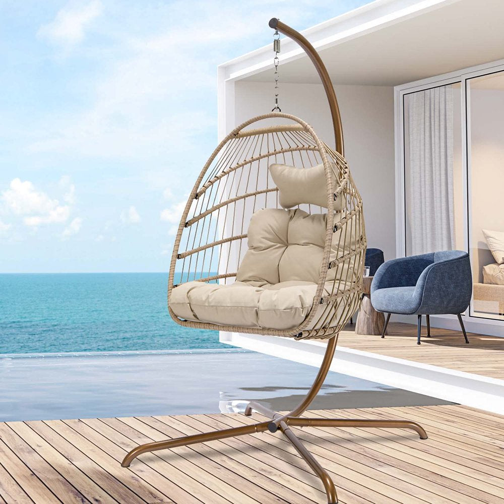 Nicesoul Rattan Swing Egg Chair Hanging Chair with Stand Beige 350 Lbs Capacity Metal Frame