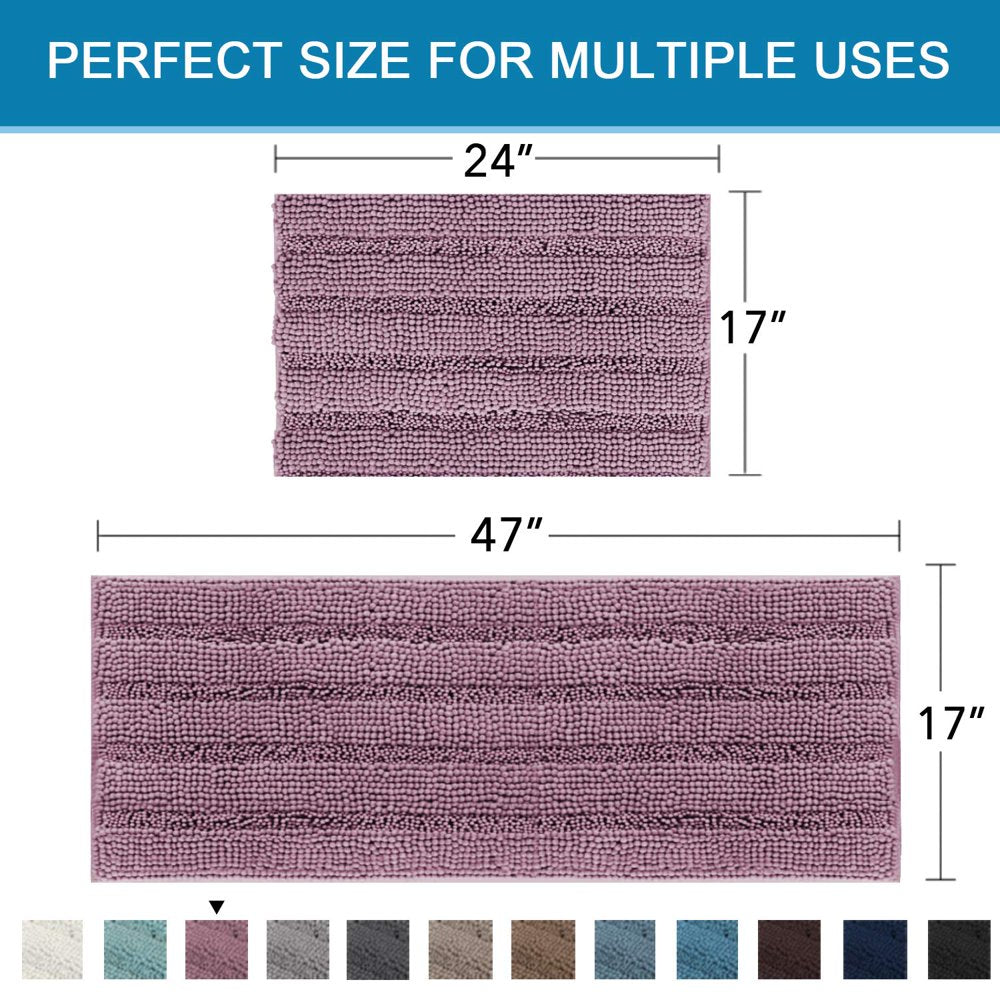 Bathroom Rugs Bath Mats Sets Super Absorbent Chenille Striped Bath Mats Non Skid Machine Wash Dry Rugs for Bathroom Floor Set of 2(Mauve, 47 X 17 plus 17 X 24 - Inches)