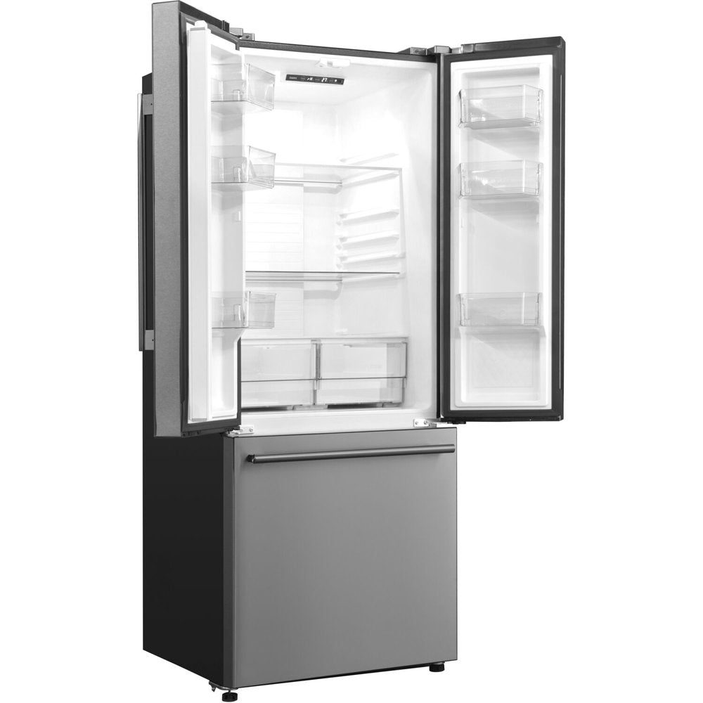 Galanz 16 Cu. Ft. 3-Door French Door Refrigerator with Ice Maker, Stainless Steel, 28.35"W Condition, New