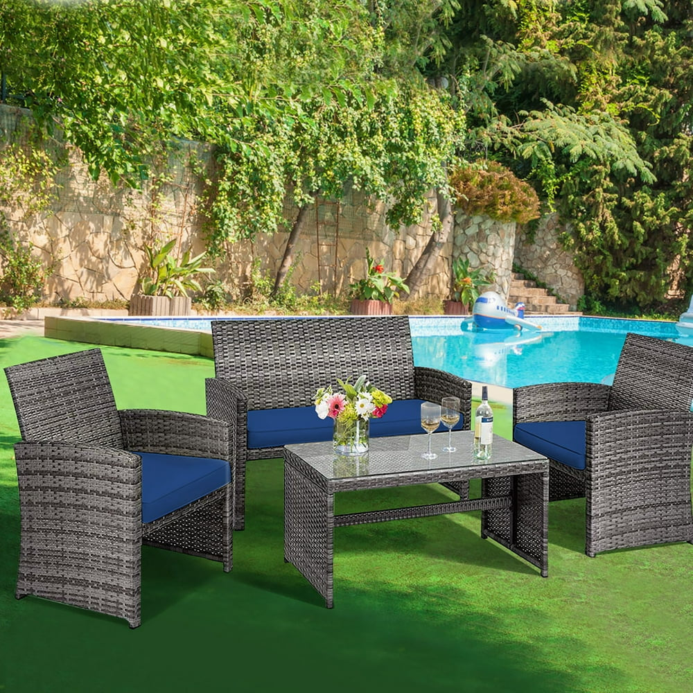 Costway 4PCS Patio Rattan Furniture Set Conversation Glass Table Top Sofa Cushioned Navy