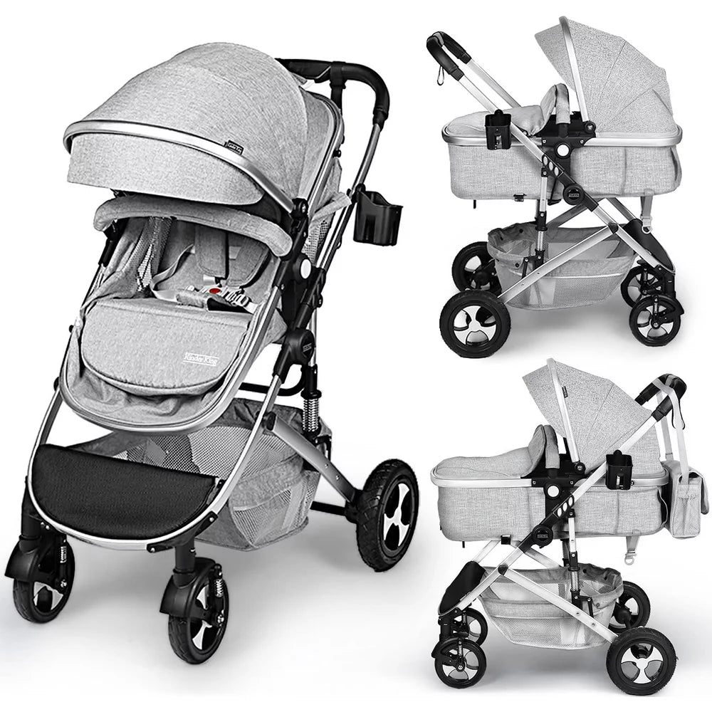 Kinder King 2 in 1 Convertible Baby Stroller, Folding Infant Newborn Reversible Bassinet Pram, Light Grey