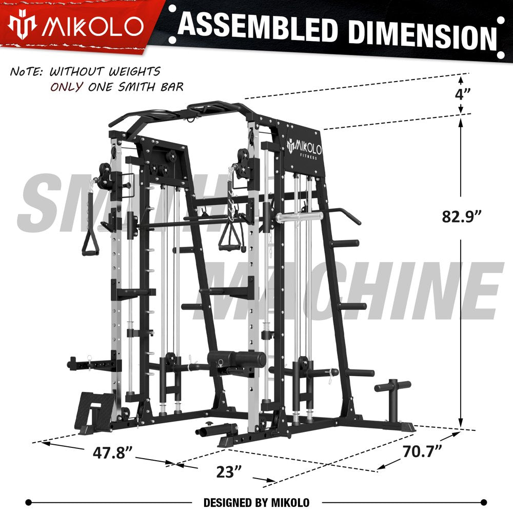 Mikolo Smith Machine Home Gym, 2200 Lbs Power Rack Cage with Cable Crossover, Smith Cage with 800LB Capacity Adjustable Weight Bench and 230 Lbs Weight Plate, Total Body Strength Training Cage