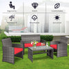 Costway 4PCS Patio Rattan Conversation Glass Table Top Cushioned Sofa Red